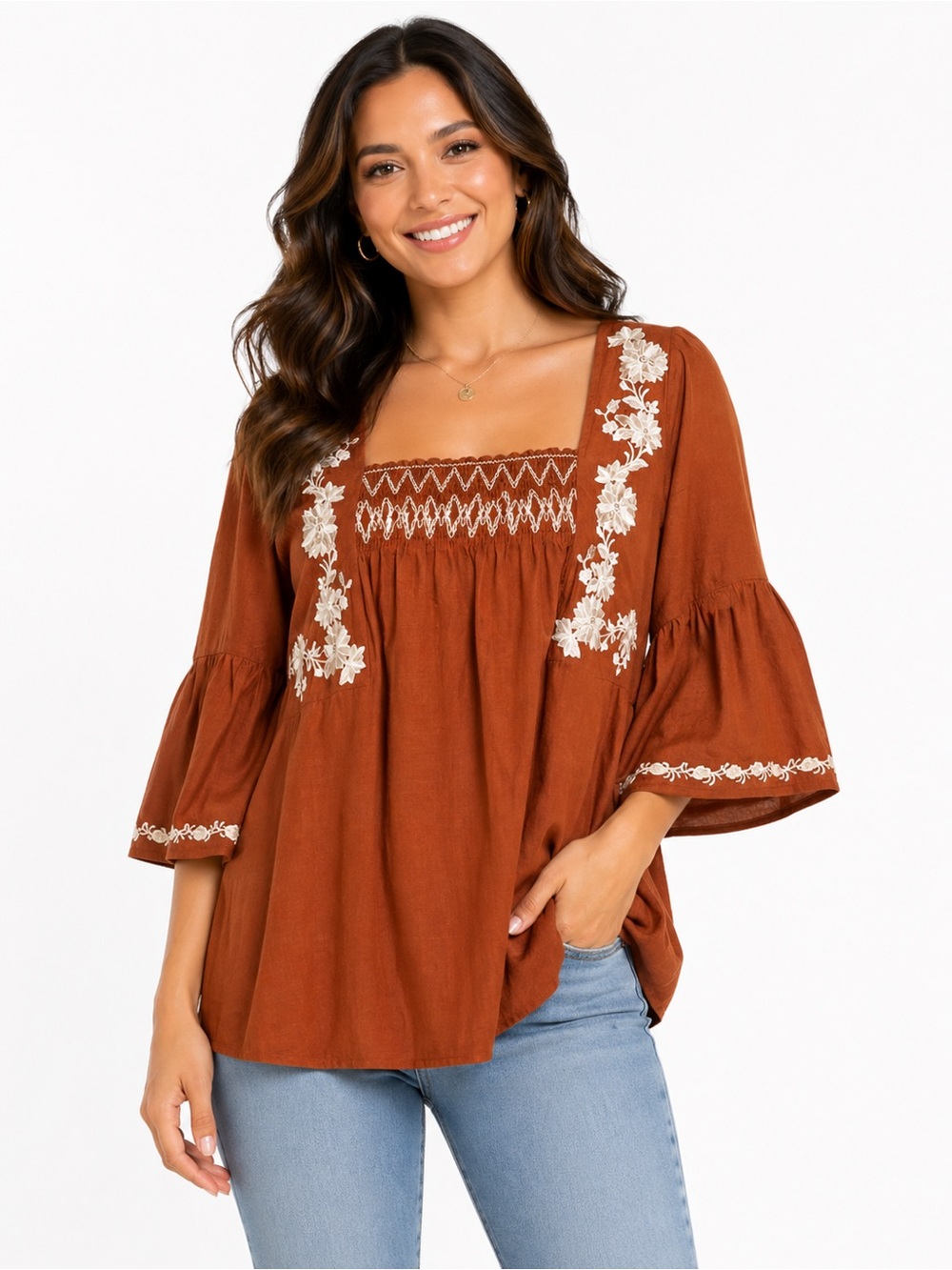 Joy Joy Size Medium Terracotta Blouse with White Embroidery
